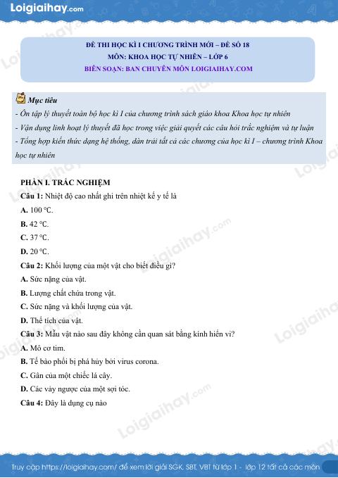 Đề thi học kì 1 KHTN 6 Cánh diều - Đề số 18